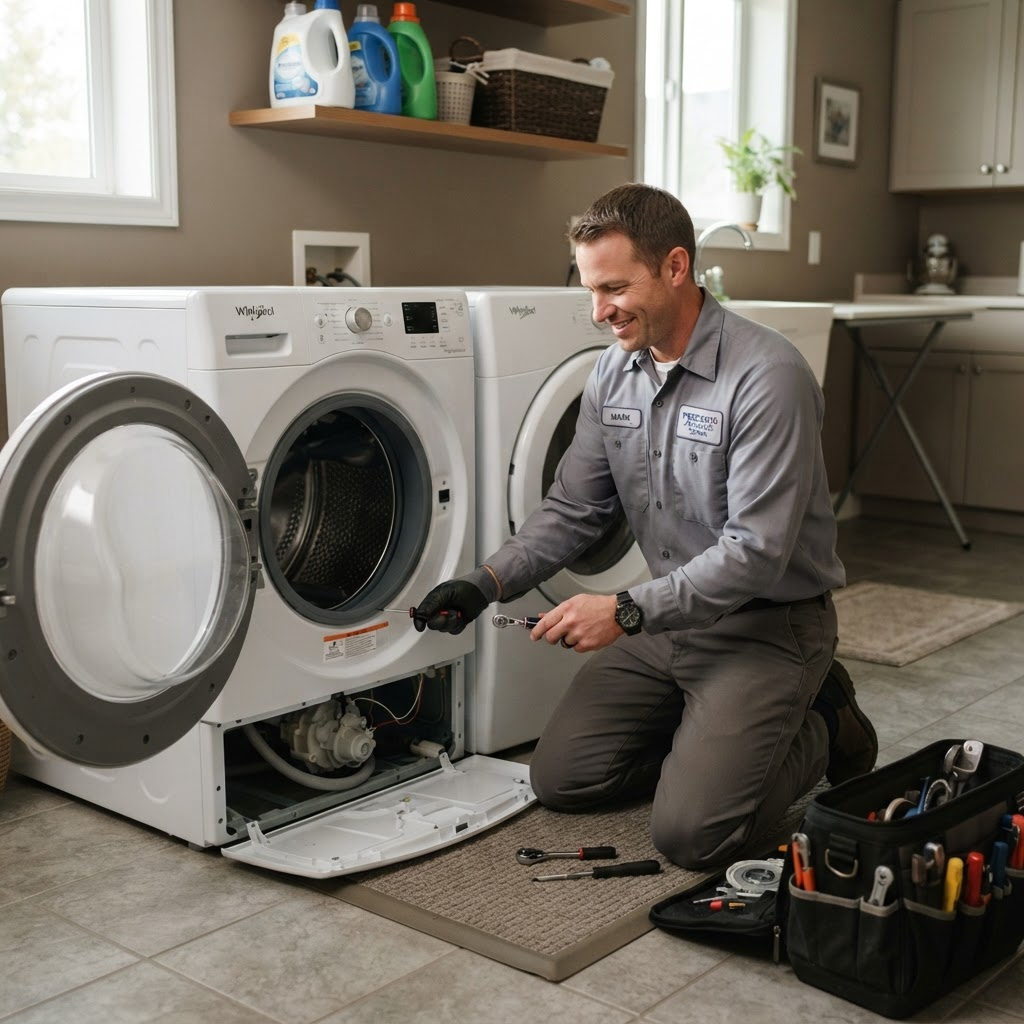 Local appliance repair technician servicing a front-load washing machine in a Utah County home